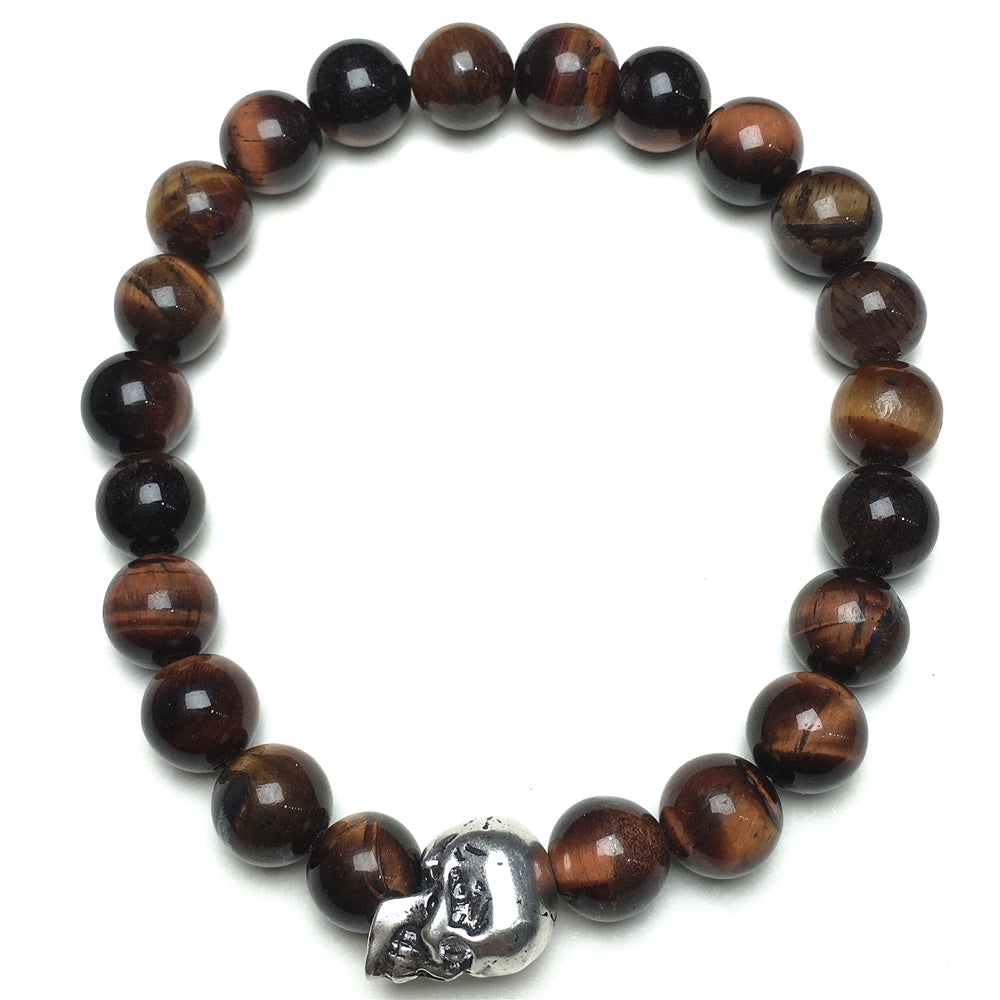 Bold Skull Red Tiger Eye Handmade Gemstone Crystal Bracelet