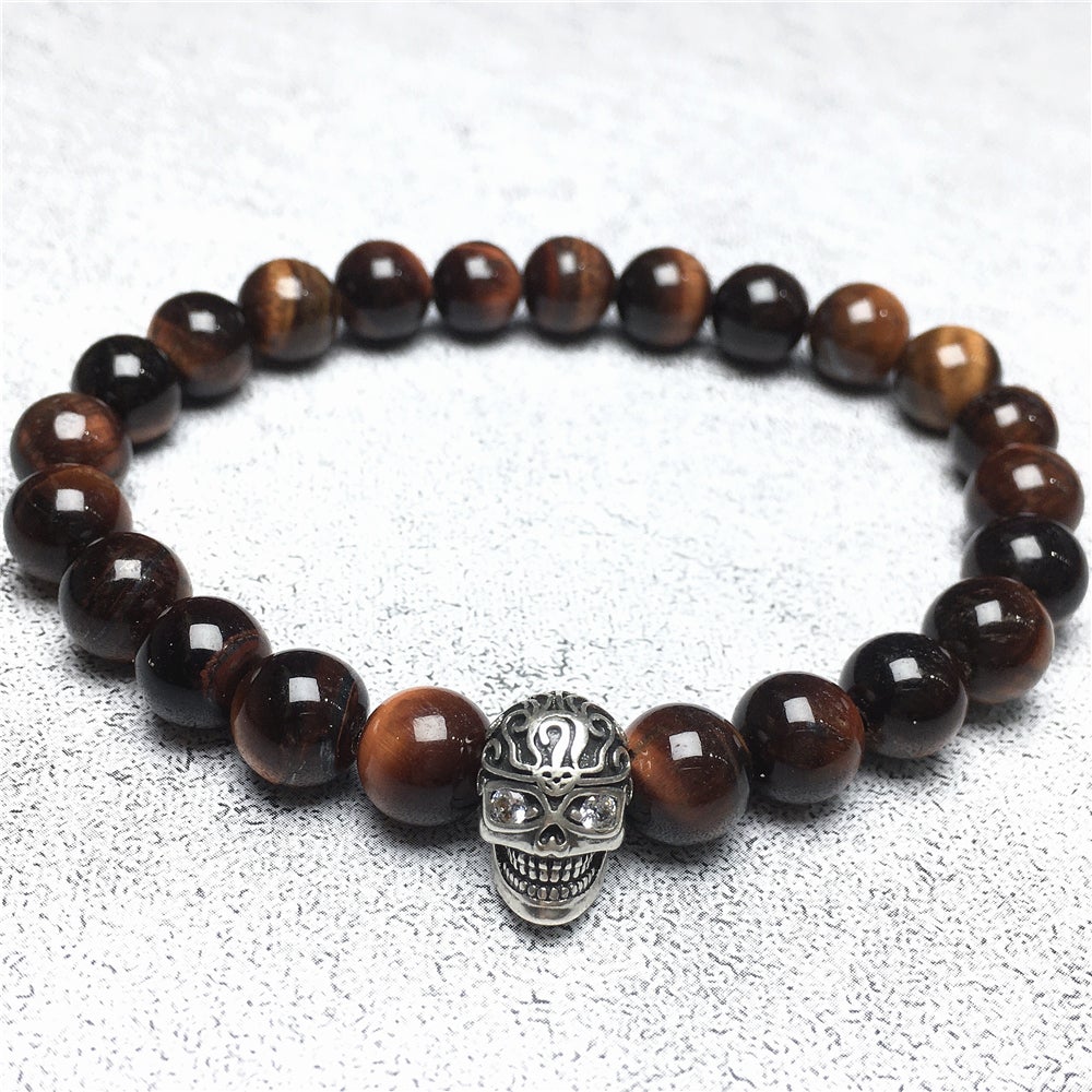Gemstone Beaded Red Tiger Eye Stone Elastic Stretch Bracelet Tattoo Skull Design