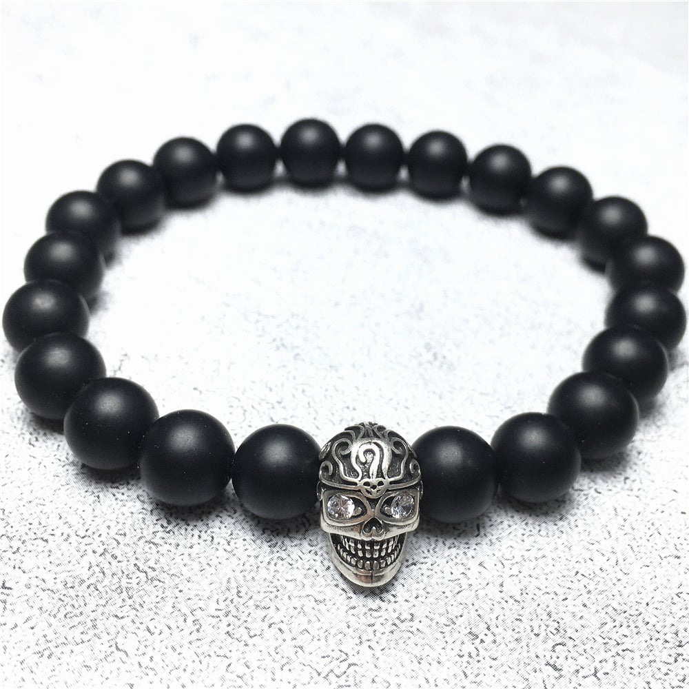 Gemstone Beaded Matte Onyx Stone Elastic Stretch Bracelet Tattoo Skull Design