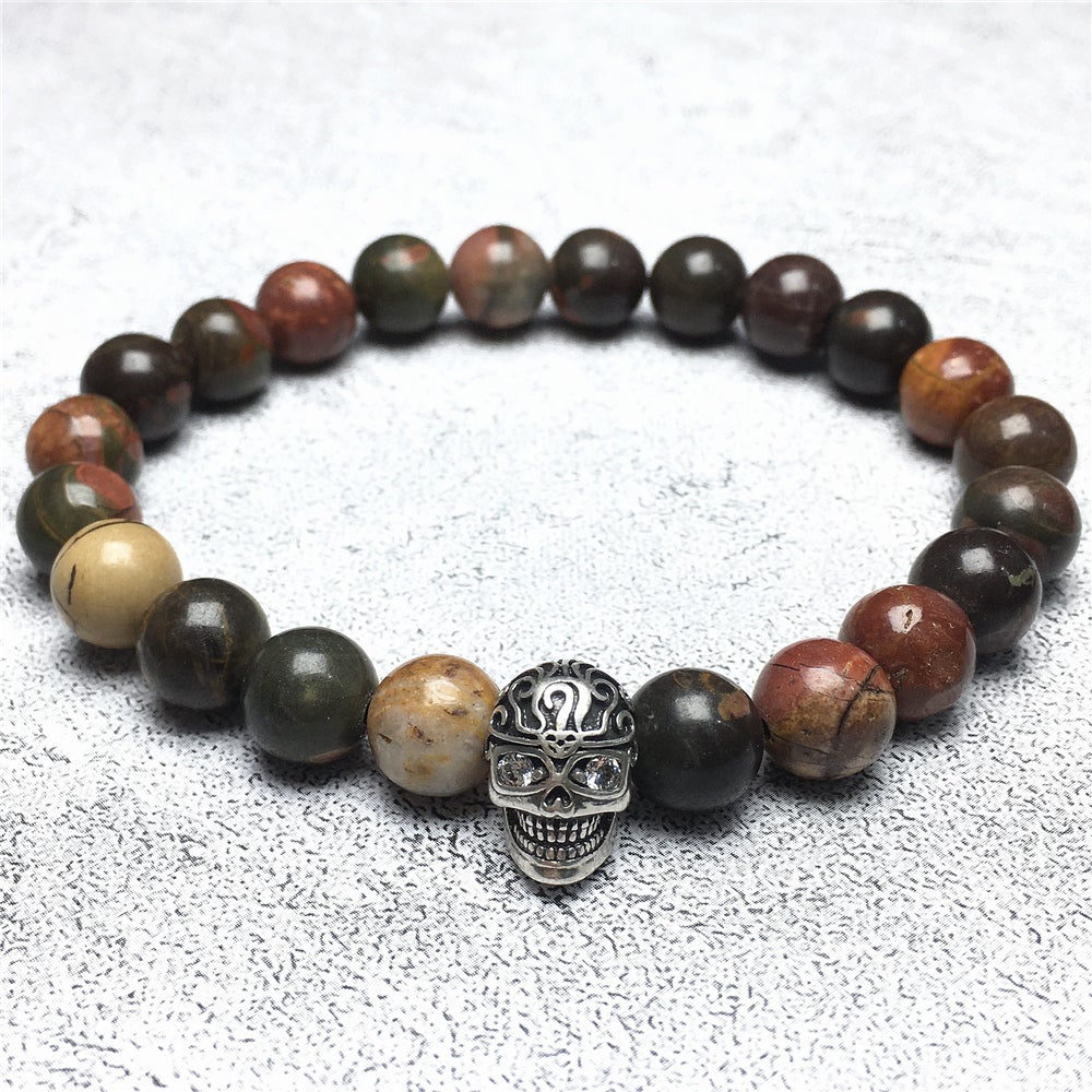 Gemstone Beaded Picasso Stone Elastic Stretch Bracelet Tattoo Skull Design