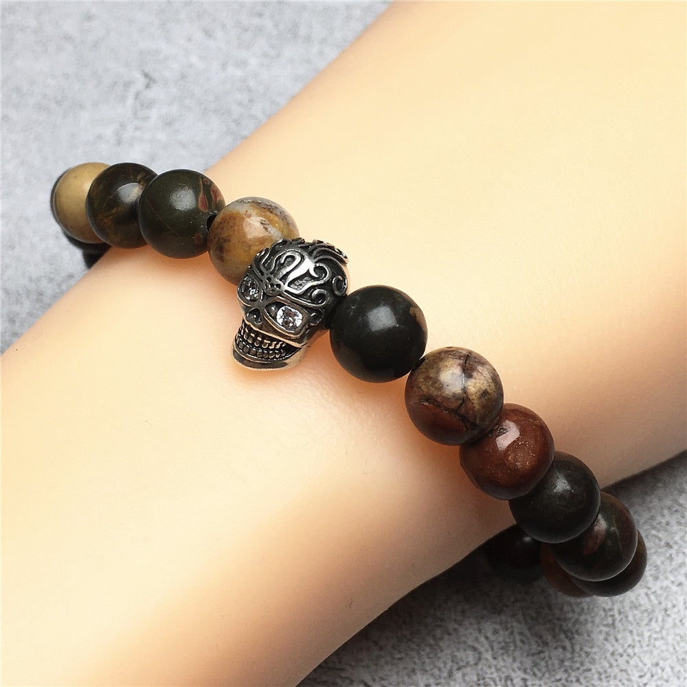Gemstone Beaded Picasso Stone Elastic Stretch Bracelet Tattoo Skull Design