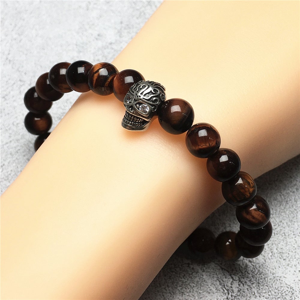 Gemstone Beaded Red Tiger Eye Stone Elastic Stretch Bracelet Tattoo Skull Design