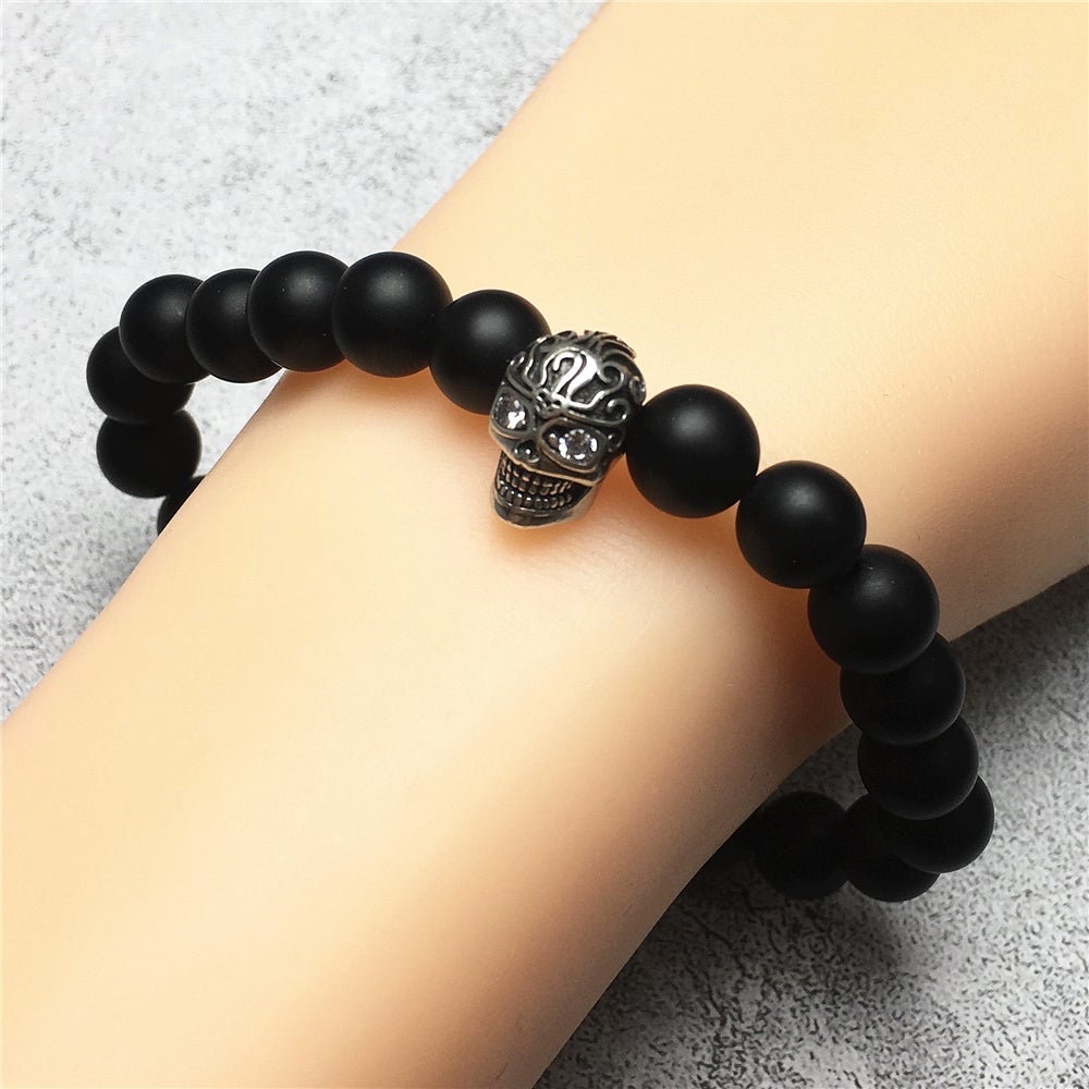 Gemstone Beaded Matte Onyx Stone Elastic Stretch Bracelet Tattoo Skull Design