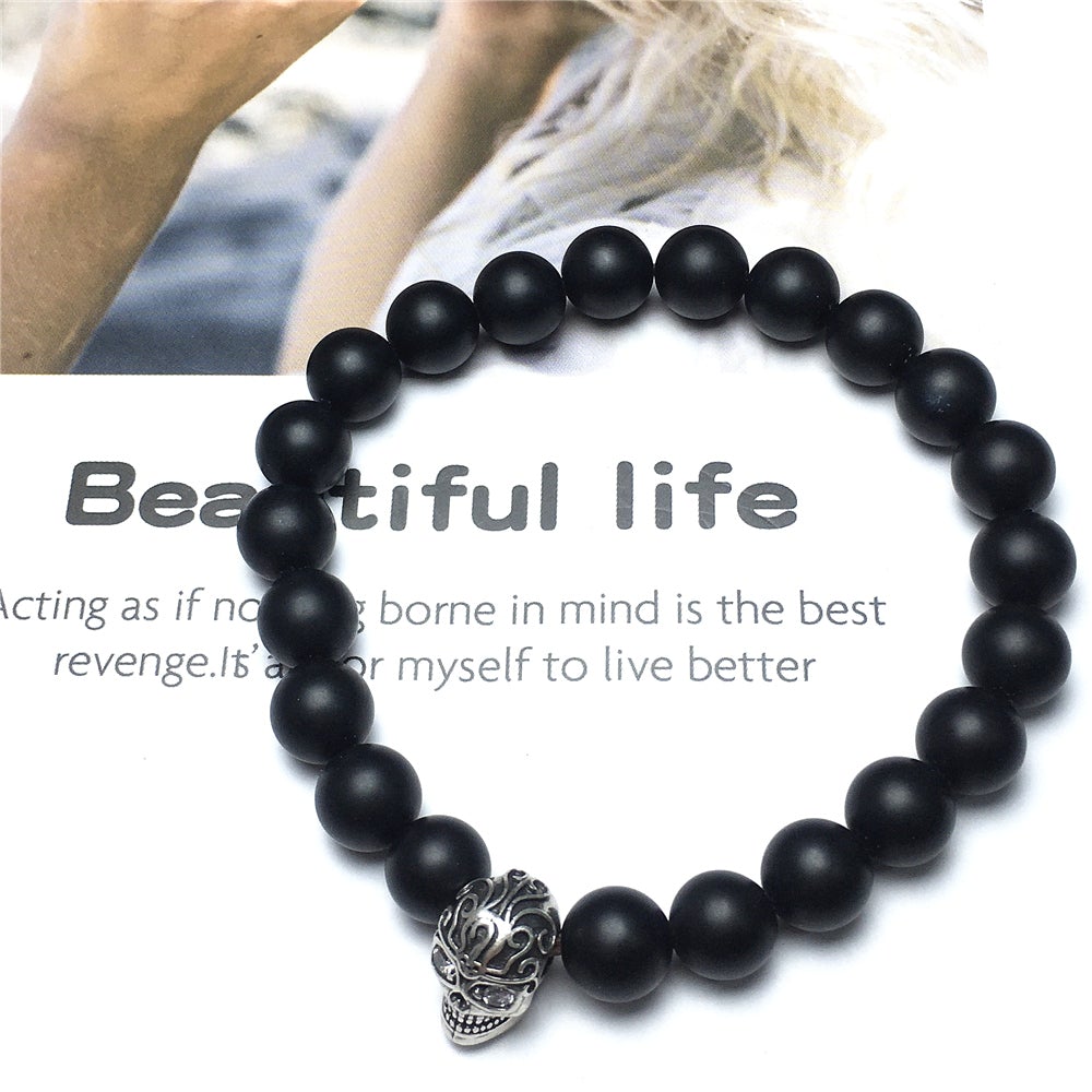 Gemstone Beaded Matte Onyx Stone Elastic Stretch Bracelet Tattoo Skull Design