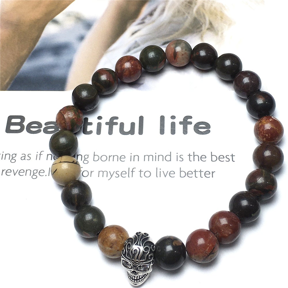 Gemstone Beaded Picasso Stone Elastic Stretch Bracelet Tattoo Skull Design
