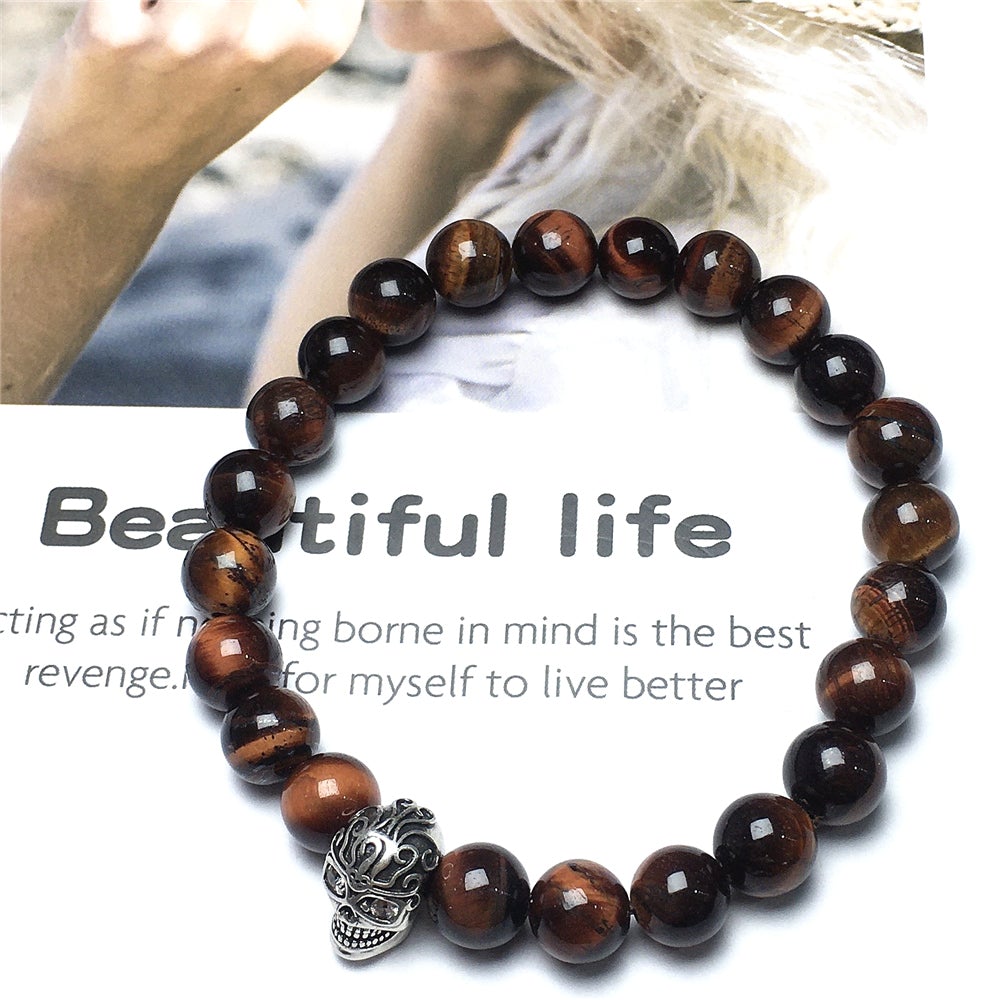 Gemstone Beaded Red Tiger Eye Stone Elastic Stretch Bracelet Tattoo Skull Design