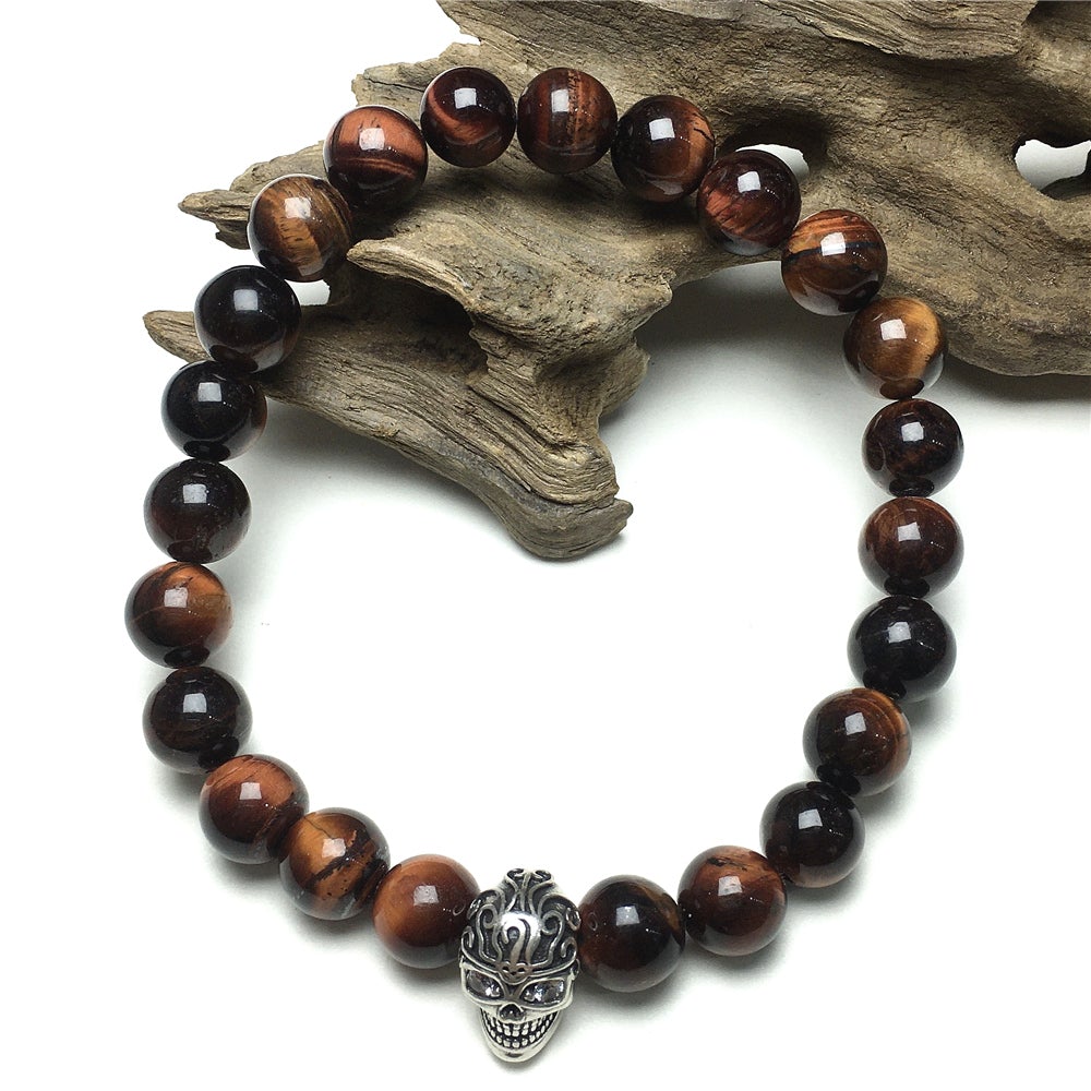 Gemstone Beaded Red Tiger Eye Stone Elastic Stretch Bracelet Tattoo Skull Design