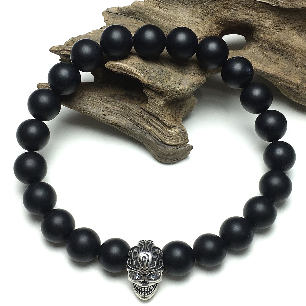 Gemstone Beaded Matte Onyx Stone Elastic Stretch Bracelet Tattoo Skull Design