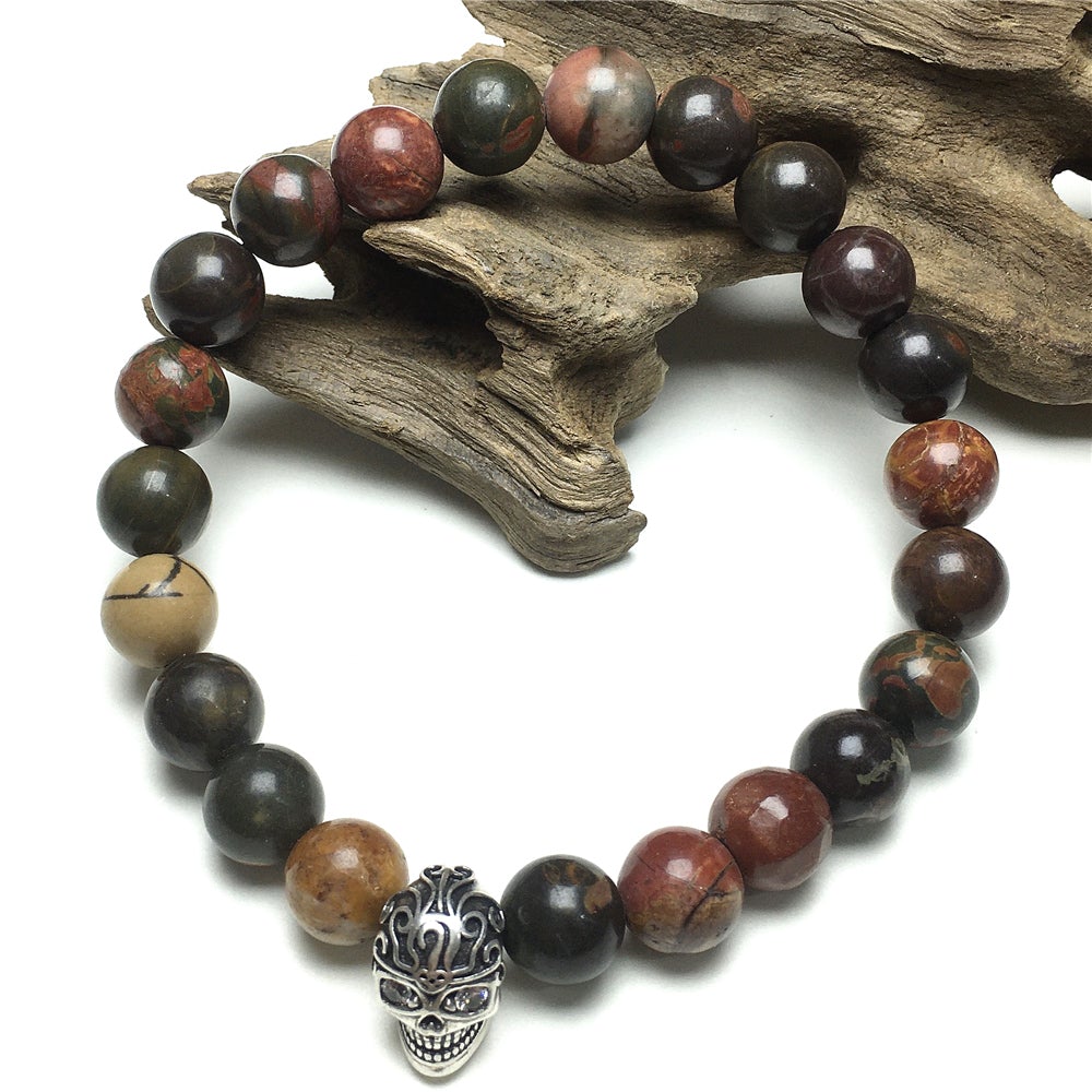 Gemstone Beaded Picasso Stone Elastic Stretch Bracelet Tattoo Skull Design