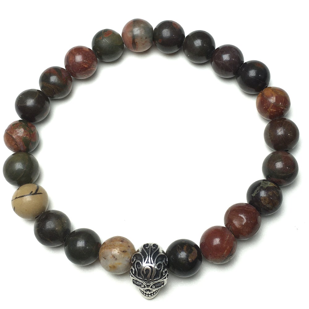 Gemstone Beaded Picasso Stone Elastic Stretch Bracelet Tattoo Skull Design