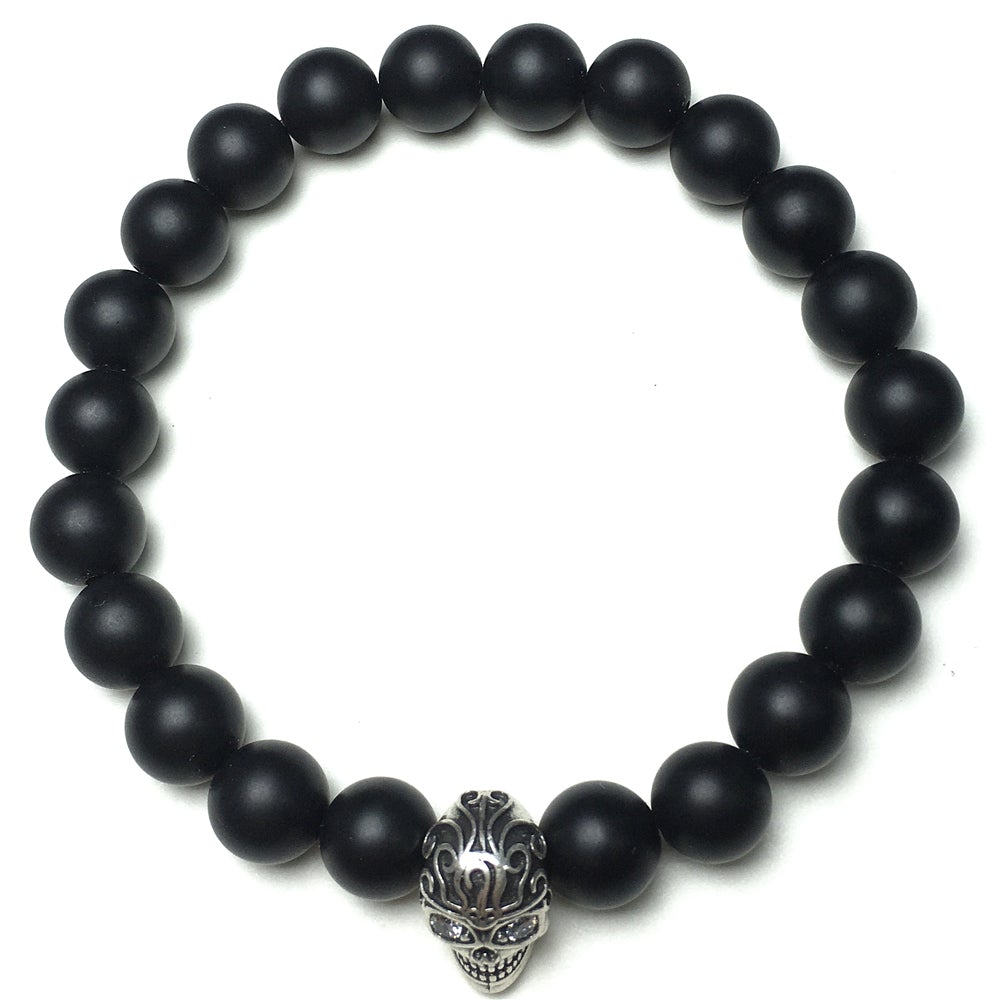 Gemstone Beaded Matte Onyx Stone Elastic Stretch Bracelet Tattoo Skull Design