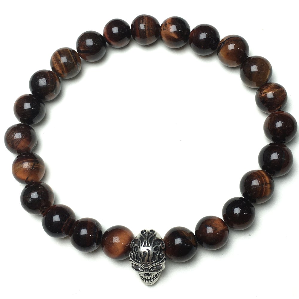 Gemstone Beaded Red Tiger Eye Stone Elastic Stretch Bracelet Tattoo Skull Design