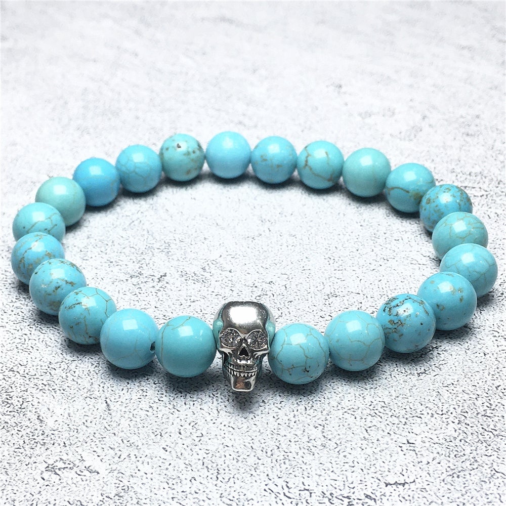 Blue Turqouise Stretch Bracelet Round Beads Semi Precious Gemstone Elastic Beaded Bracelet