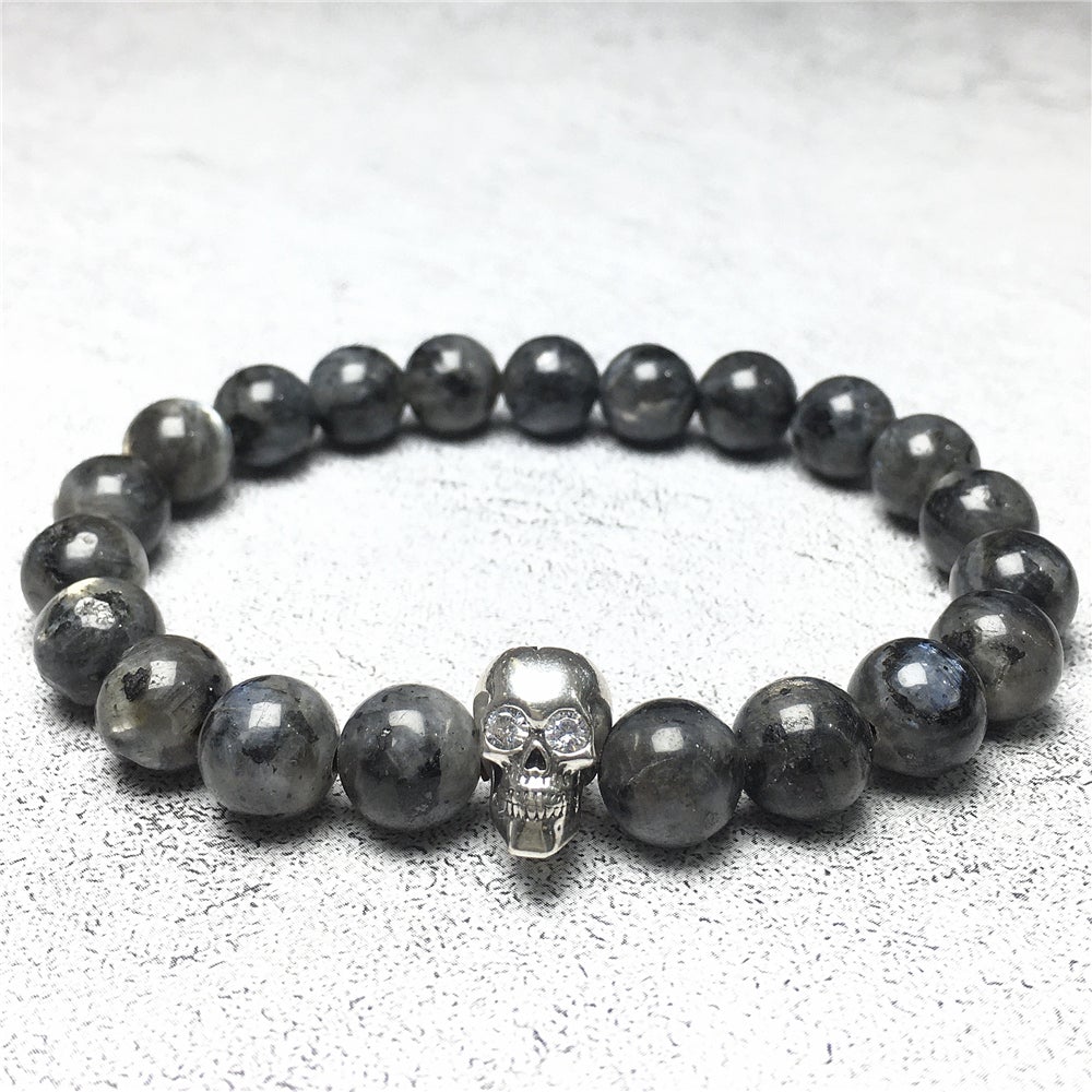 Labradorite Stretch Bracelet with Crystal Skull Semi Precious Gemstone Elastic Beaded Bracelet