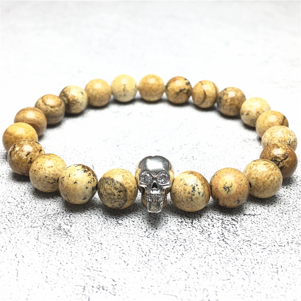 Picture Jasper Stretch Bracelet with Crystal Skull Semi Precious Gemstone Elastic Beaded Bracelet