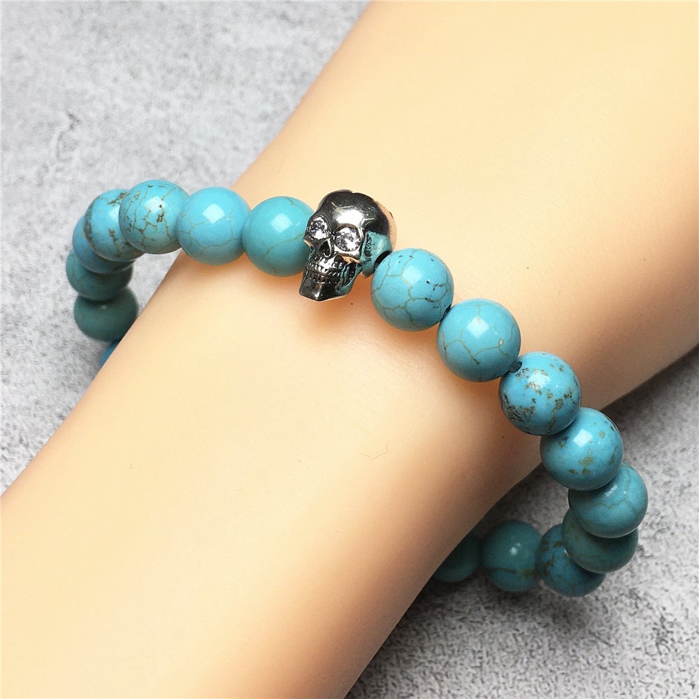 Blue Turqouise Stretch Bracelet Round Beads Semi Precious Gemstone Elastic Beaded Bracelet