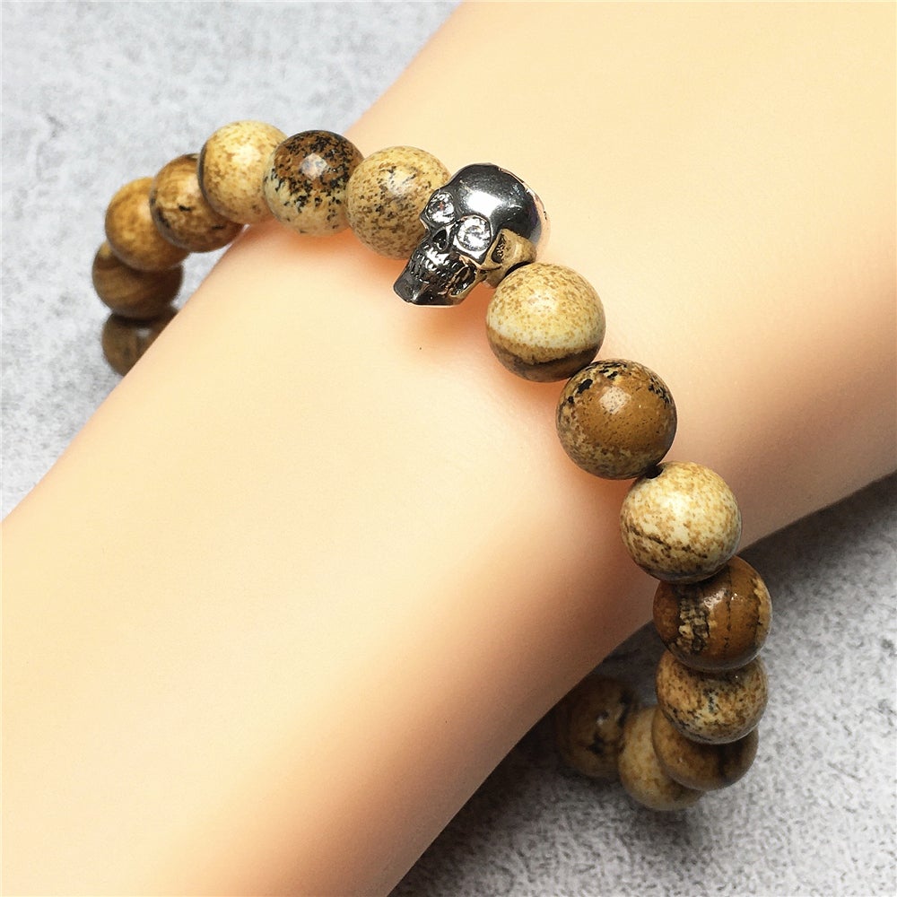 Picture Jasper Stretch Bracelet with Crystal Skull Semi Precious Gemstone Elastic Beaded Bracelet