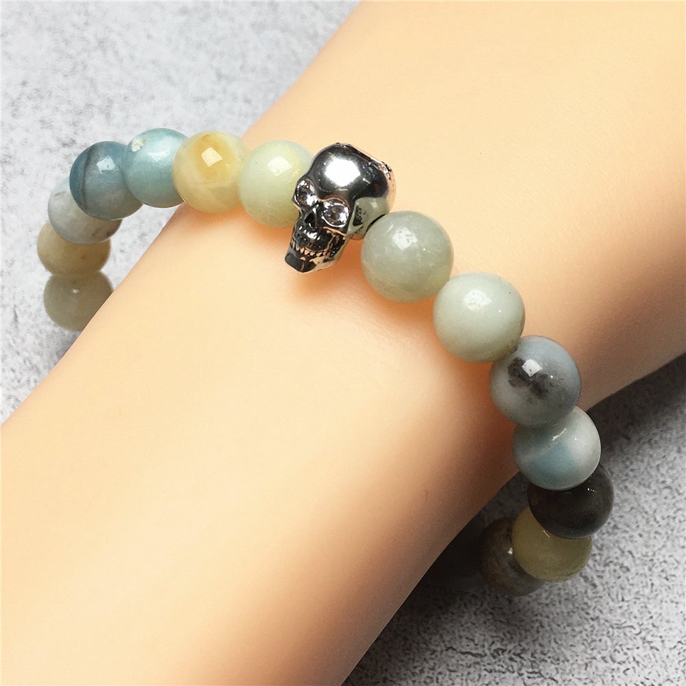Amazonite Stretch Bracelet with Crystal Skull Semi Precious Gemstone Elastic Beaded Bracelet