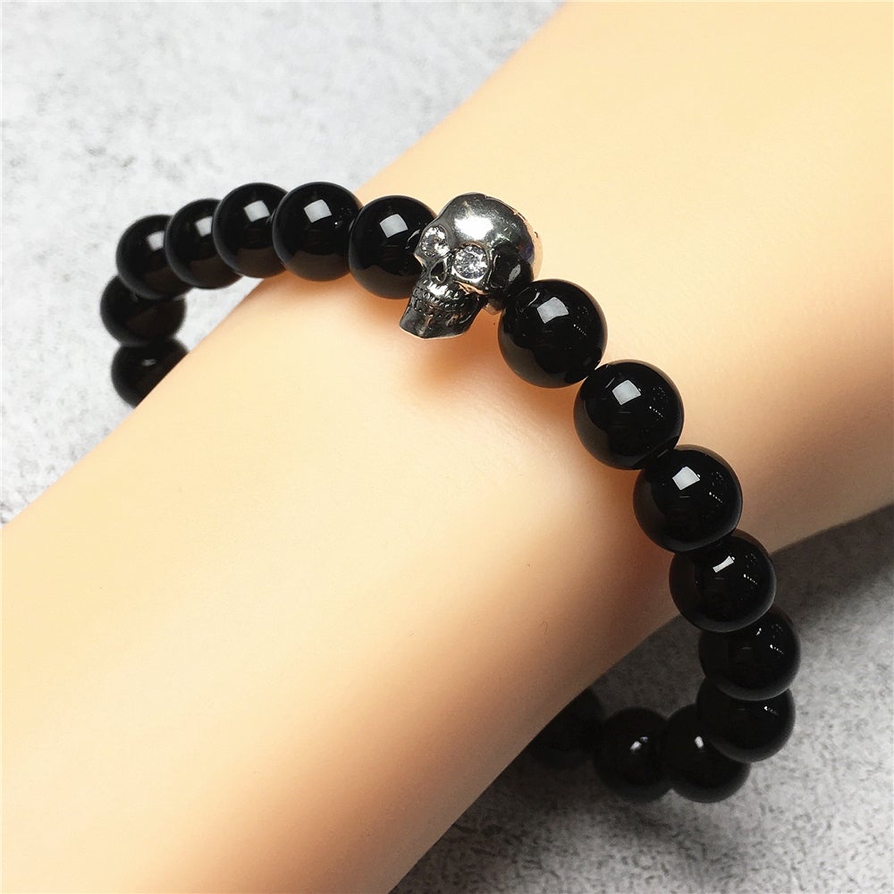 Black Onyx Stretch Bracelet Natural Round Beads Semi Precious Gemstone Elastic Beaded Bracelet
