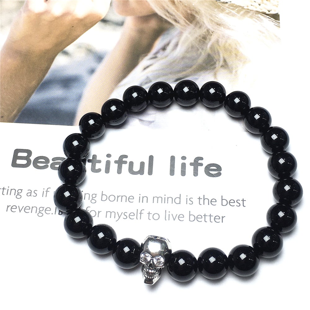 Black Onyx Stretch Bracelet Natural Round Beads Semi Precious Gemstone Elastic Beaded Bracelet