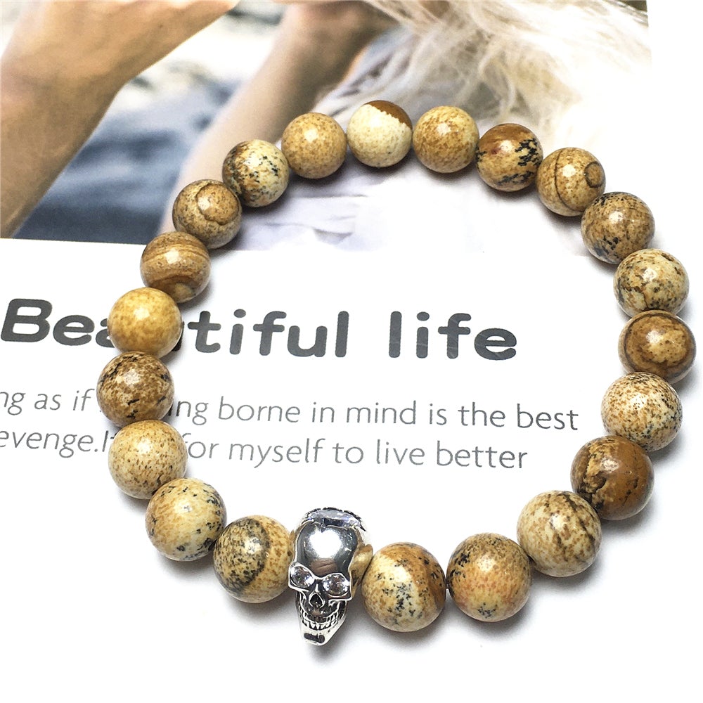 Picture Jasper Stretch Bracelet with Crystal Skull Semi Precious Gemstone Elastic Beaded Bracelet