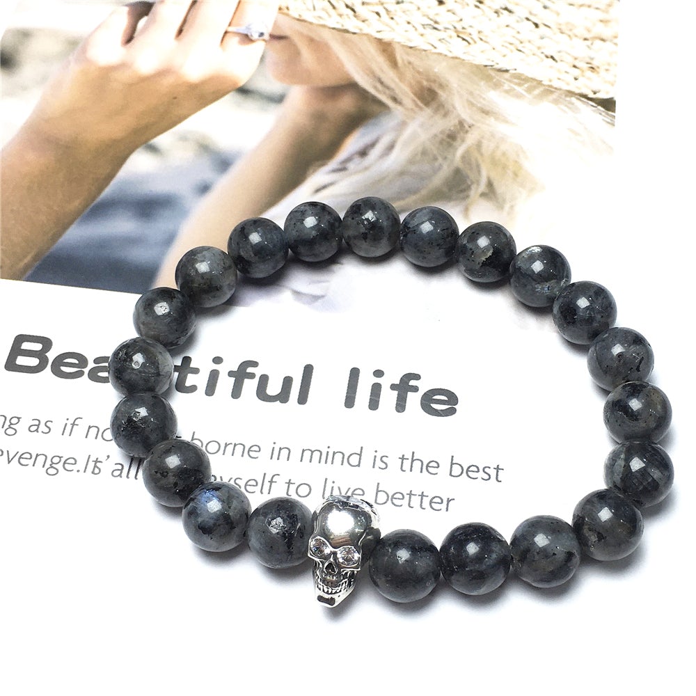 Labradorite Stretch Bracelet with Crystal Skull Semi Precious Gemstone Elastic Beaded Bracelet