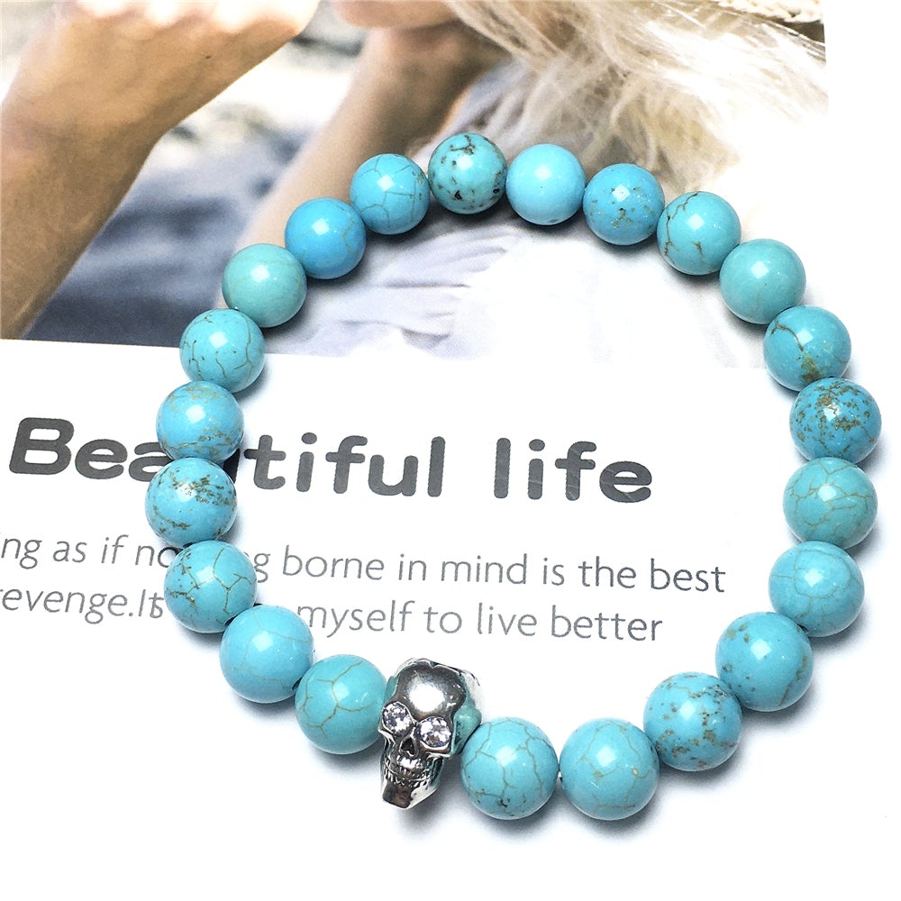 Blue Turqouise Stretch Bracelet Round Beads Semi Precious Gemstone Elastic Beaded Bracelet