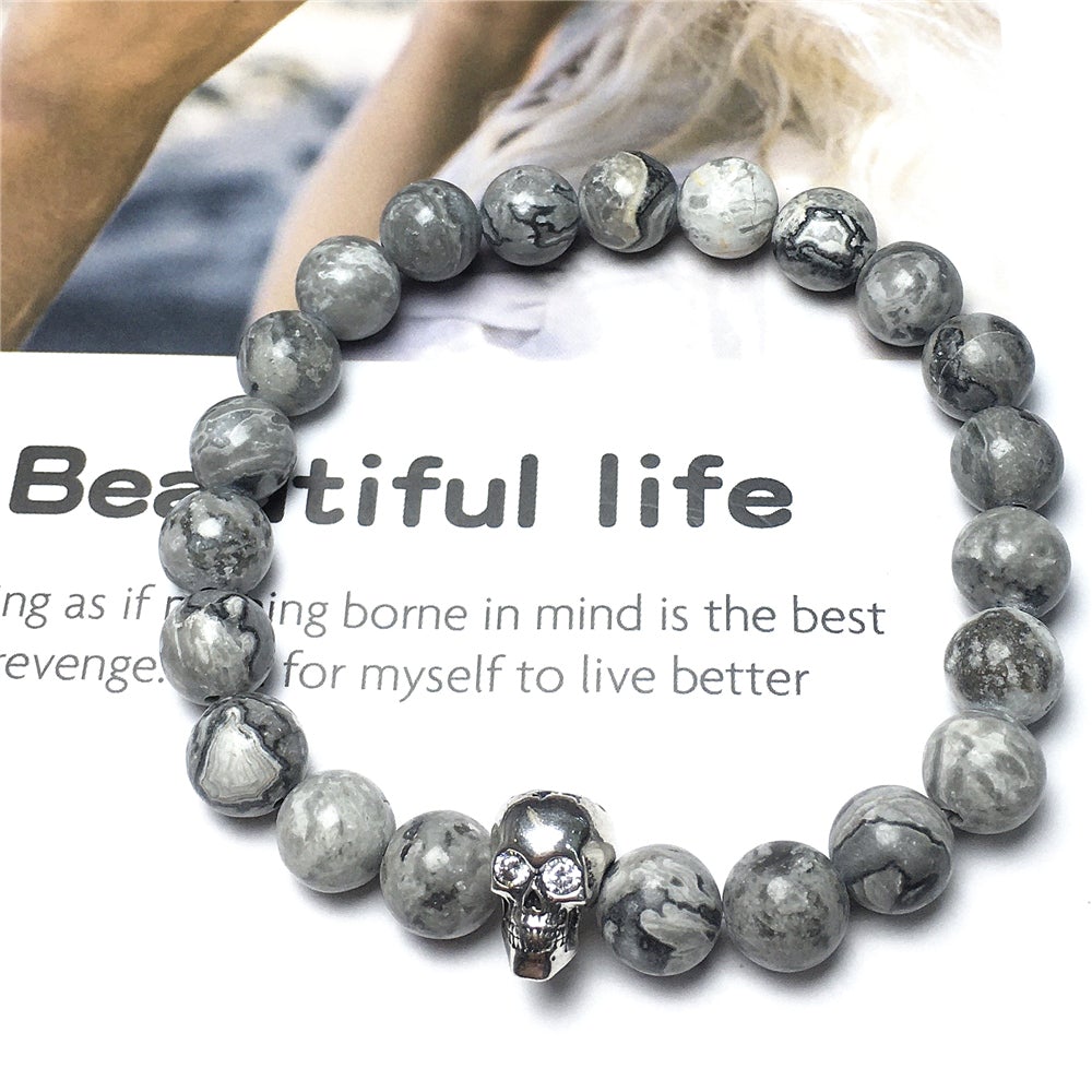 Map Stone Stretch Bracelet Natural Round Beads Semi Precious Gemstone Elastic Beaded Bracelet