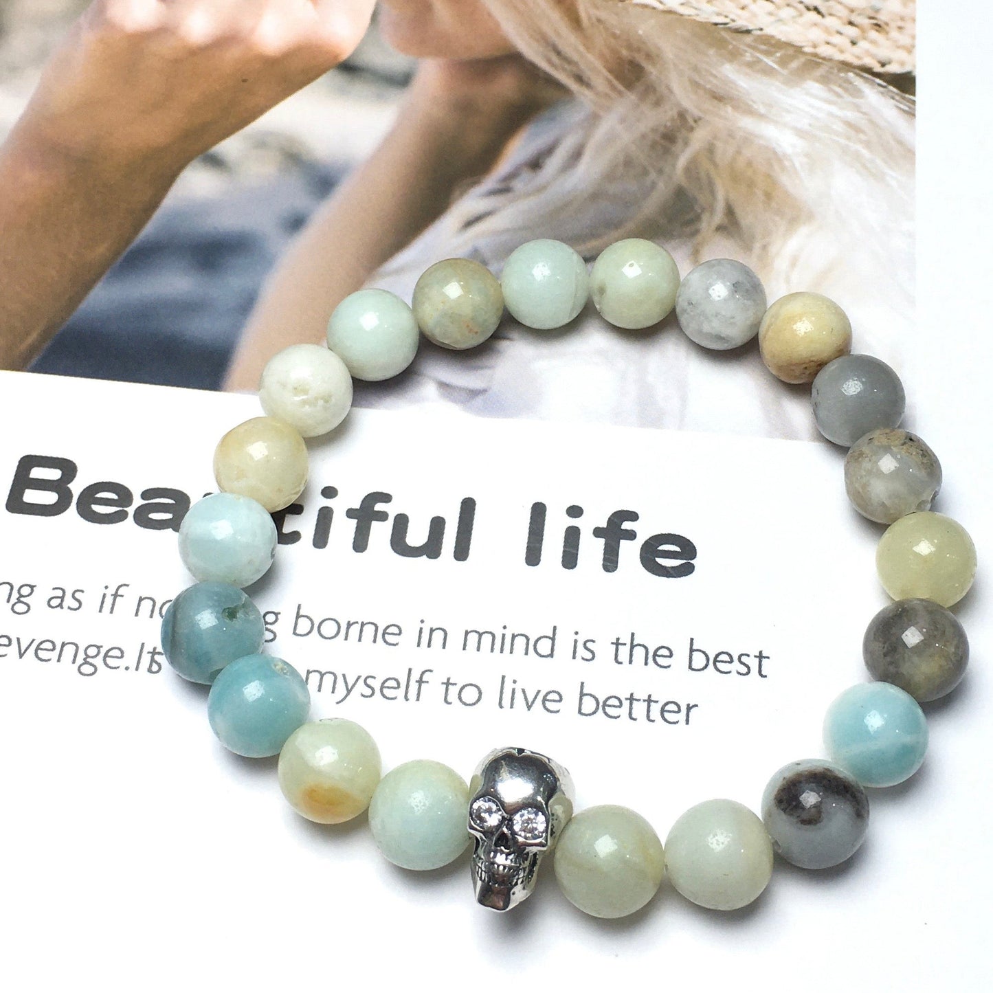 Amazonite Stretch Bracelet with Crystal Skull Semi Precious Gemstone Elastic Beaded Bracelet