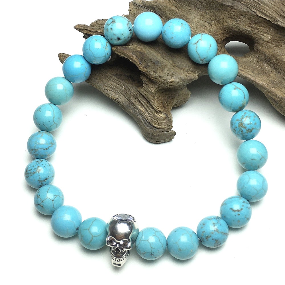 Blue Turqouise Stretch Bracelet Round Beads Semi Precious Gemstone Elastic Beaded Bracelet