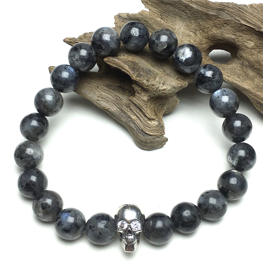 Labradorite Stretch Bracelet with Crystal Skull Semi Precious Gemstone Elastic Beaded Bracelet