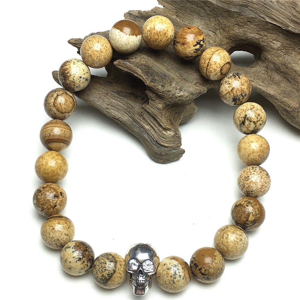 Picture Jasper Stretch Bracelet with Crystal Skull Semi Precious Gemstone Elastic Beaded Bracelet