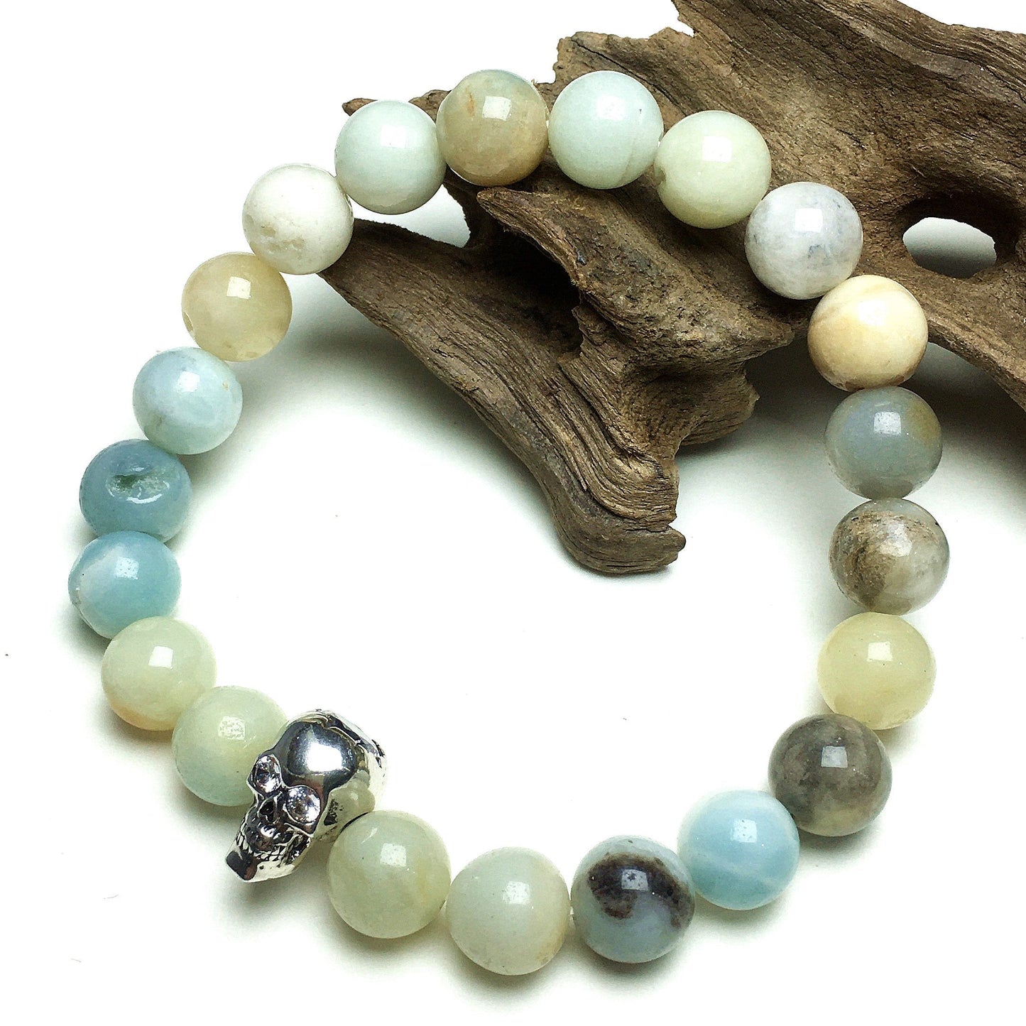 Amazonite Stretch Bracelet with Crystal Skull Semi Precious Gemstone Elastic Beaded Bracelet