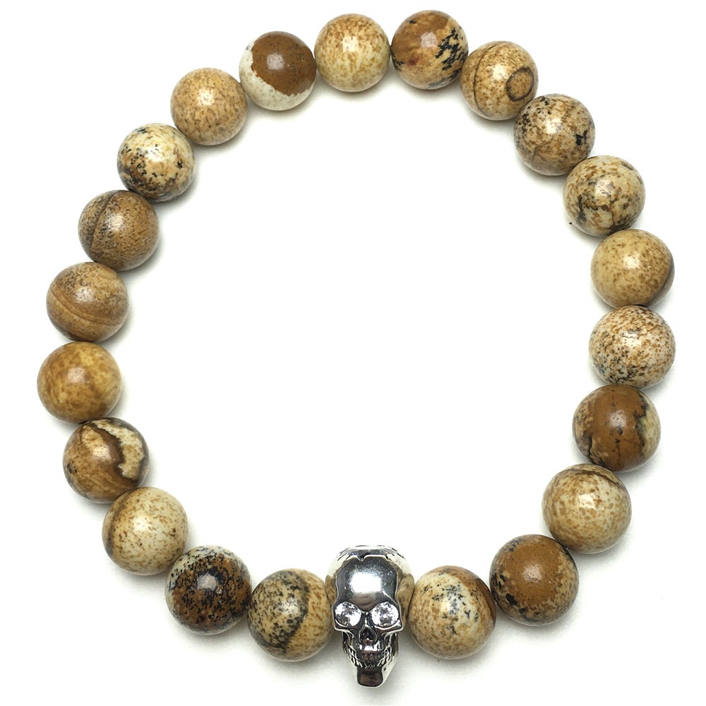 Picture Jasper Stretch Bracelet with Crystal Skull Semi Precious Gemstone Elastic Beaded Bracelet