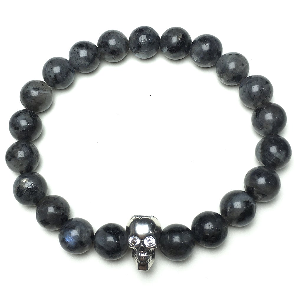 Labradorite Stretch Bracelet with Crystal Skull Semi Precious Gemstone Elastic Beaded Bracelet
