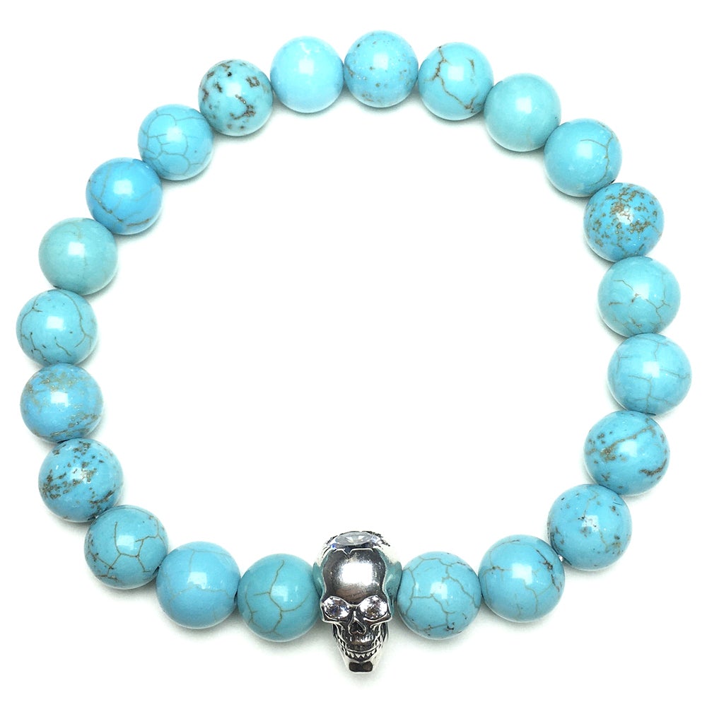 Blue Turqouise Stretch Bracelet Round Beads Semi Precious Gemstone Elastic Beaded Bracelet