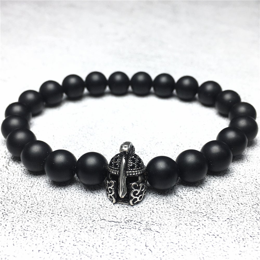 Matte Onyx Gemstone Beaded Bracelet Elastic Stretch Bracelet Spartan Helmet Design
