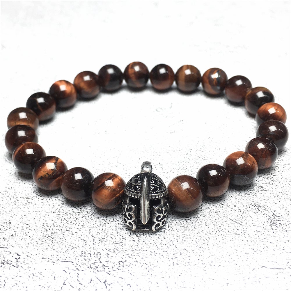 Red Tiger Eye Gemstone Beaded Bracelet Elastic Stretch Bracelet Spartan Helmet Design