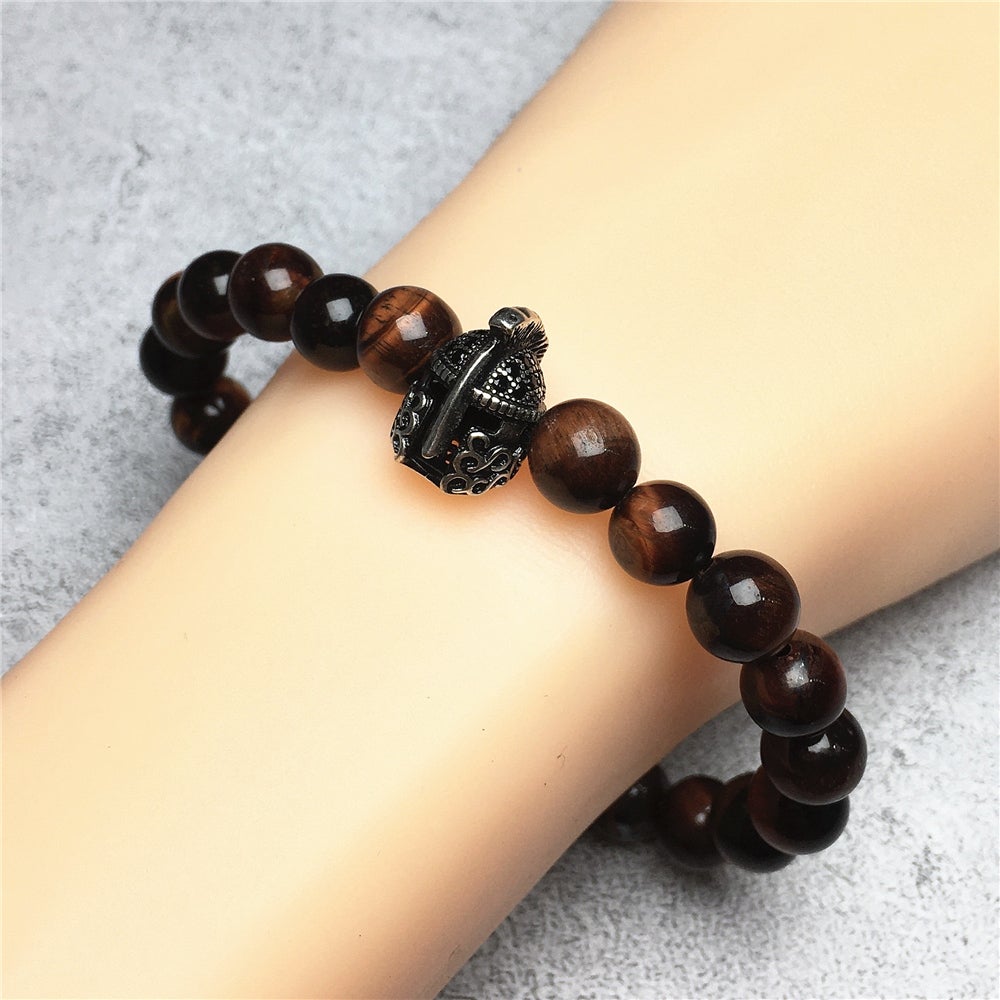 Red Tiger Eye Gemstone Beaded Bracelet Elastic Stretch Bracelet Spartan Helmet Design