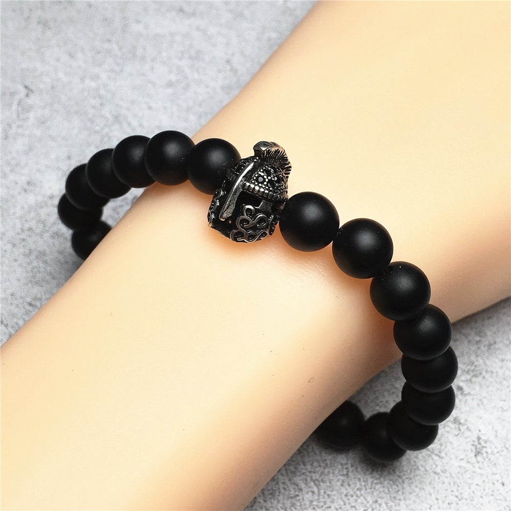 Matte Onyx Gemstone Beaded Bracelet Elastic Stretch Bracelet Spartan Helmet Design