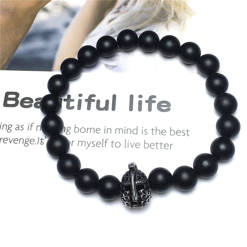 Matte Onyx Gemstone Beaded Bracelet Elastic Stretch Bracelet Spartan Helmet Design