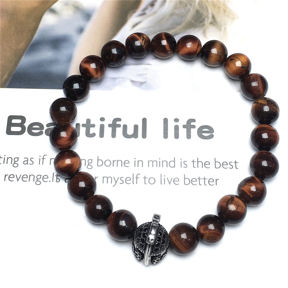 Red Tiger Eye Gemstone Beaded Bracelet Elastic Stretch Bracelet Spartan Helmet Design