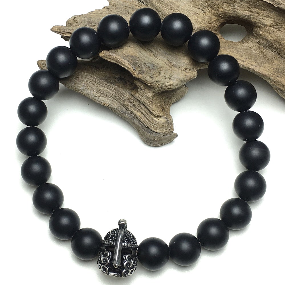 Matte Onyx Gemstone Beaded Bracelet Elastic Stretch Bracelet Spartan Helmet Design