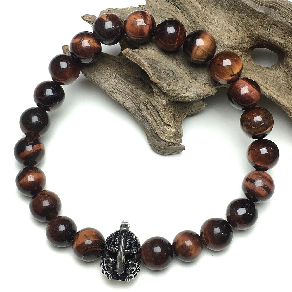 Red Tiger Eye Gemstone Beaded Bracelet Elastic Stretch Bracelet Spartan Helmet Design