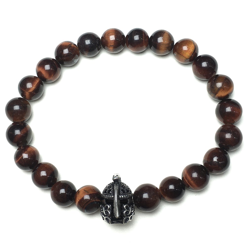 Red Tiger Eye Gemstone Beaded Bracelet Elastic Stretch Bracelet Spartan Helmet Design