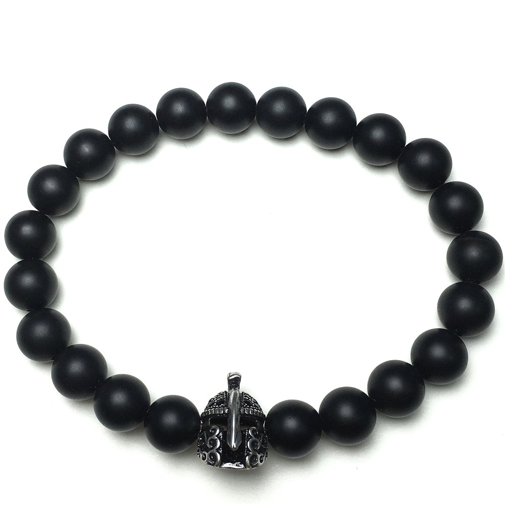 Matte Onyx Gemstone Beaded Bracelet Elastic Stretch Bracelet Spartan Helmet Design