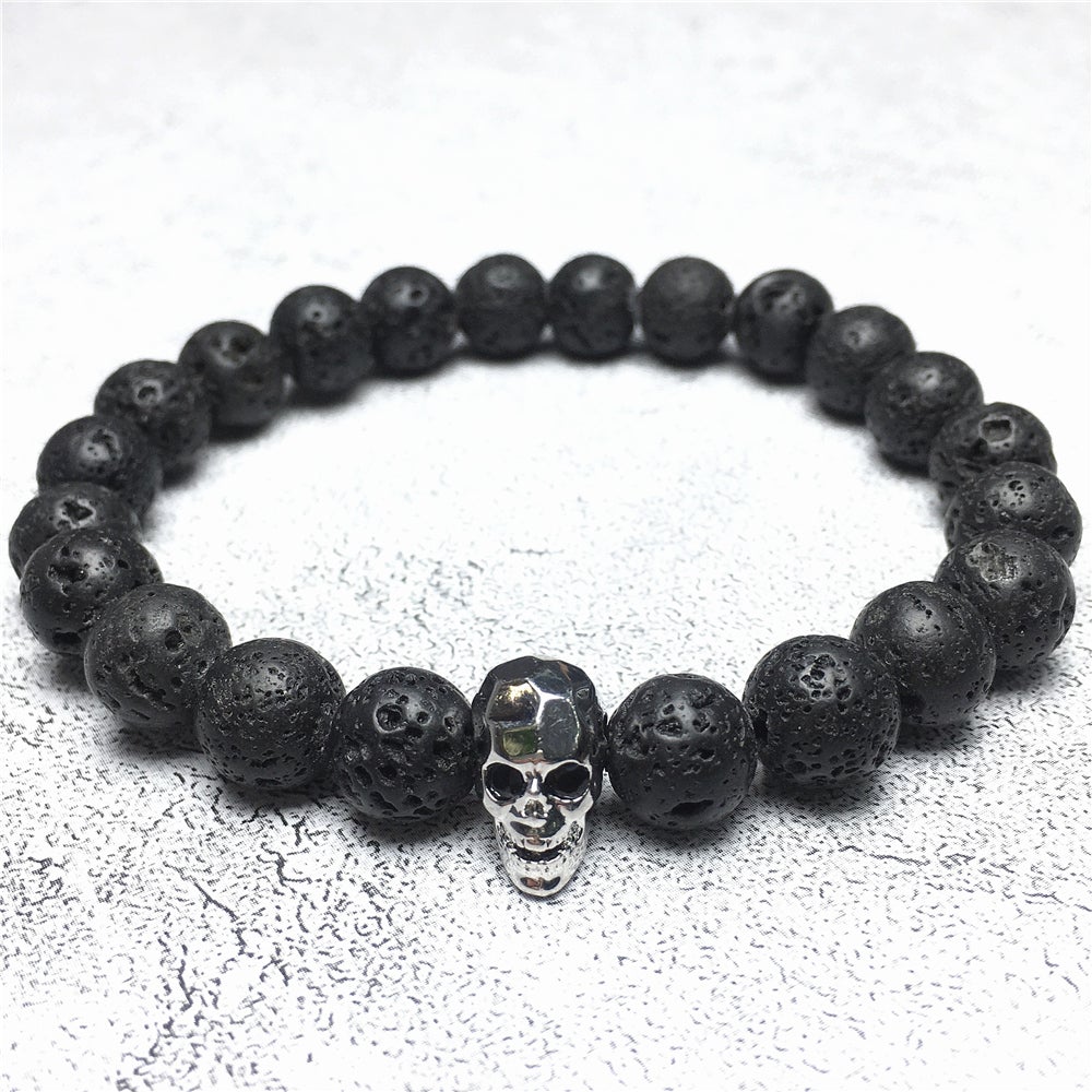 Natural Black Earthmined Lava Rock Lucky Stone Skinny Skull Spiritual Beads Bracelet