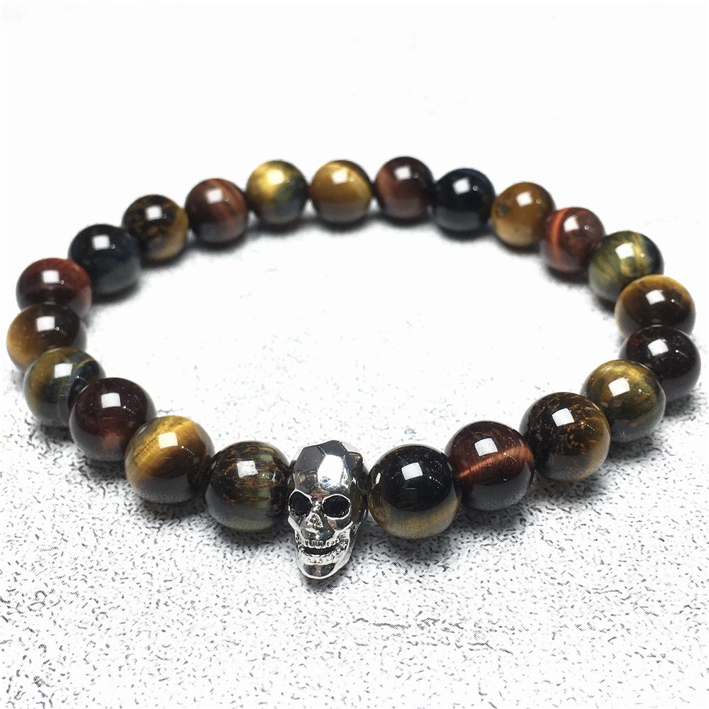 Multi Color Tigereye Gemstone Skinny Skull Charm Beaded Stretch Bracelet