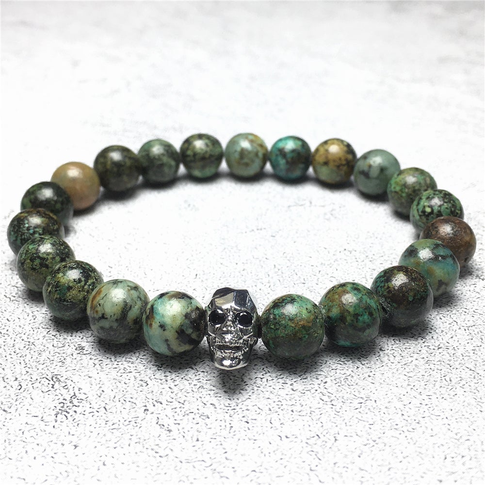 African Turqoiuse Gemstone Skinny Skull Charm Beaded Stretch Bracelet