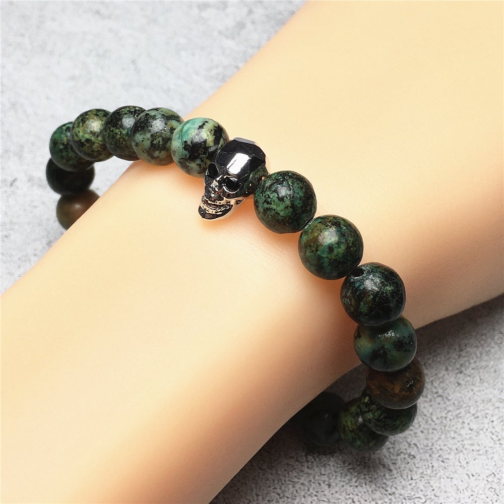 African Turqoiuse Gemstone Skinny Skull Charm Beaded Stretch Bracelet
